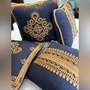 Ankasa Embroidered Navy and Gold Throw Pillows